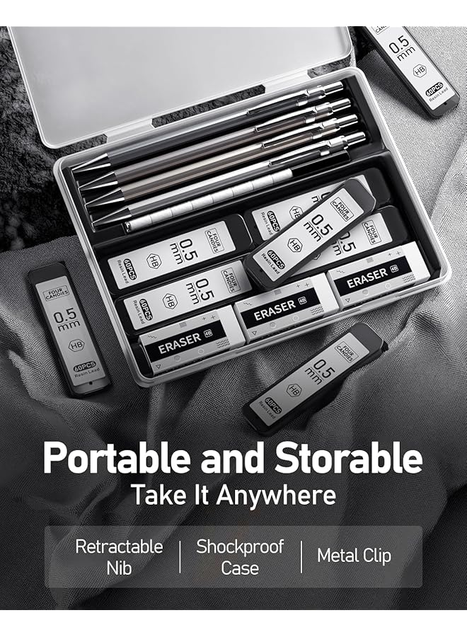 erorex 0.5Mm Mechanical Pencil Set With Case 4Pcs Metal Mechanical Pencils 8 Tubes Hb #2 Lead Refills 3Pcs 4B Erasers And 9Pcs Eraser Refills Lead Mechanical Pencils For Writing And Drawing - Image 5