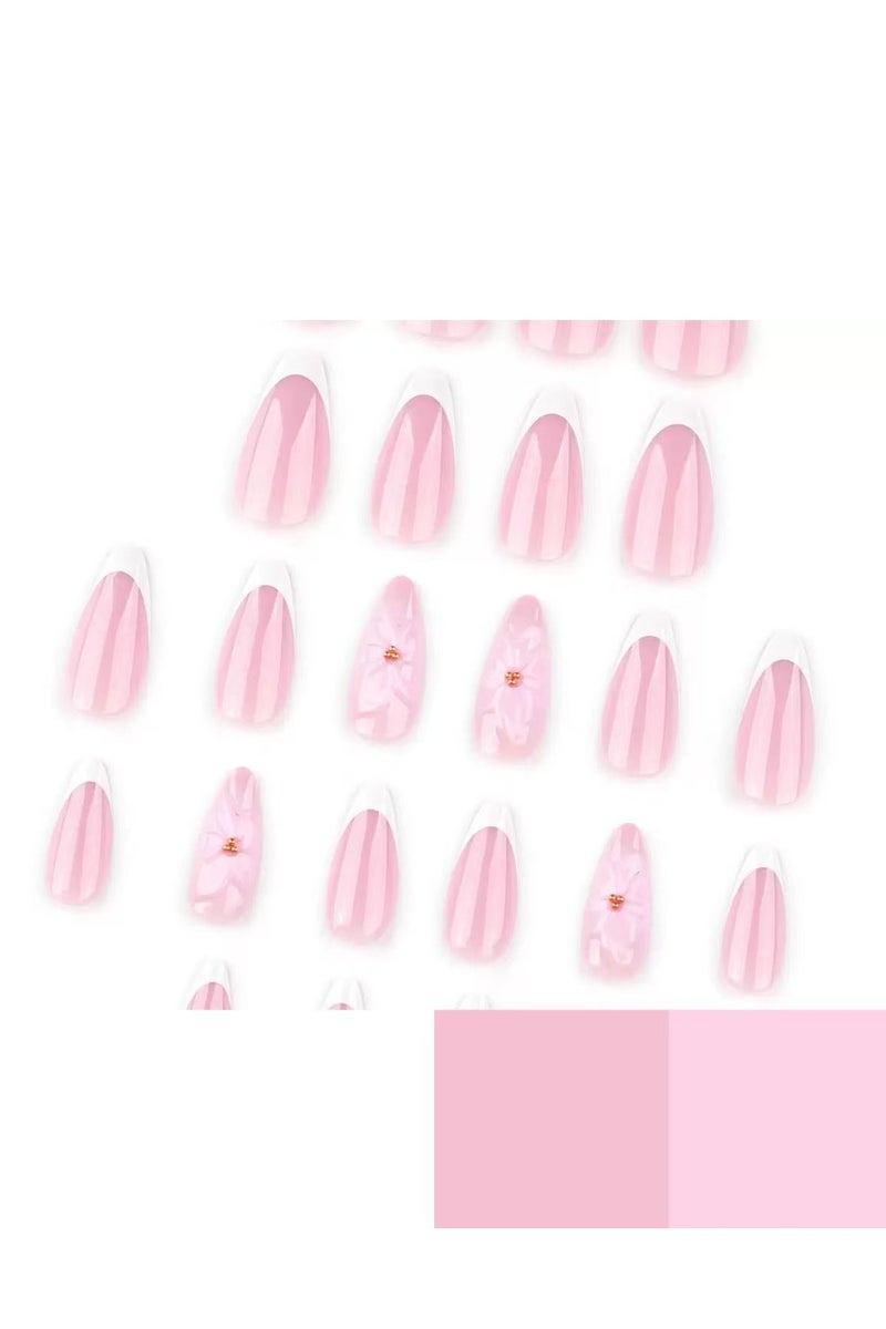 جوسكوين أظافر بالضغط (24 قطعة)، تصميم على شكل لوزي قصير، أظافر قابلة لإعادة الاستخدام، أظافر صناعية بفن الأظافر الزهرية ثلاثية الأبعاد، فرنسي أبيض، منقوش ثلاثي الأبعاد، أظافر أكريليك مع طقم غراء. - Image 2