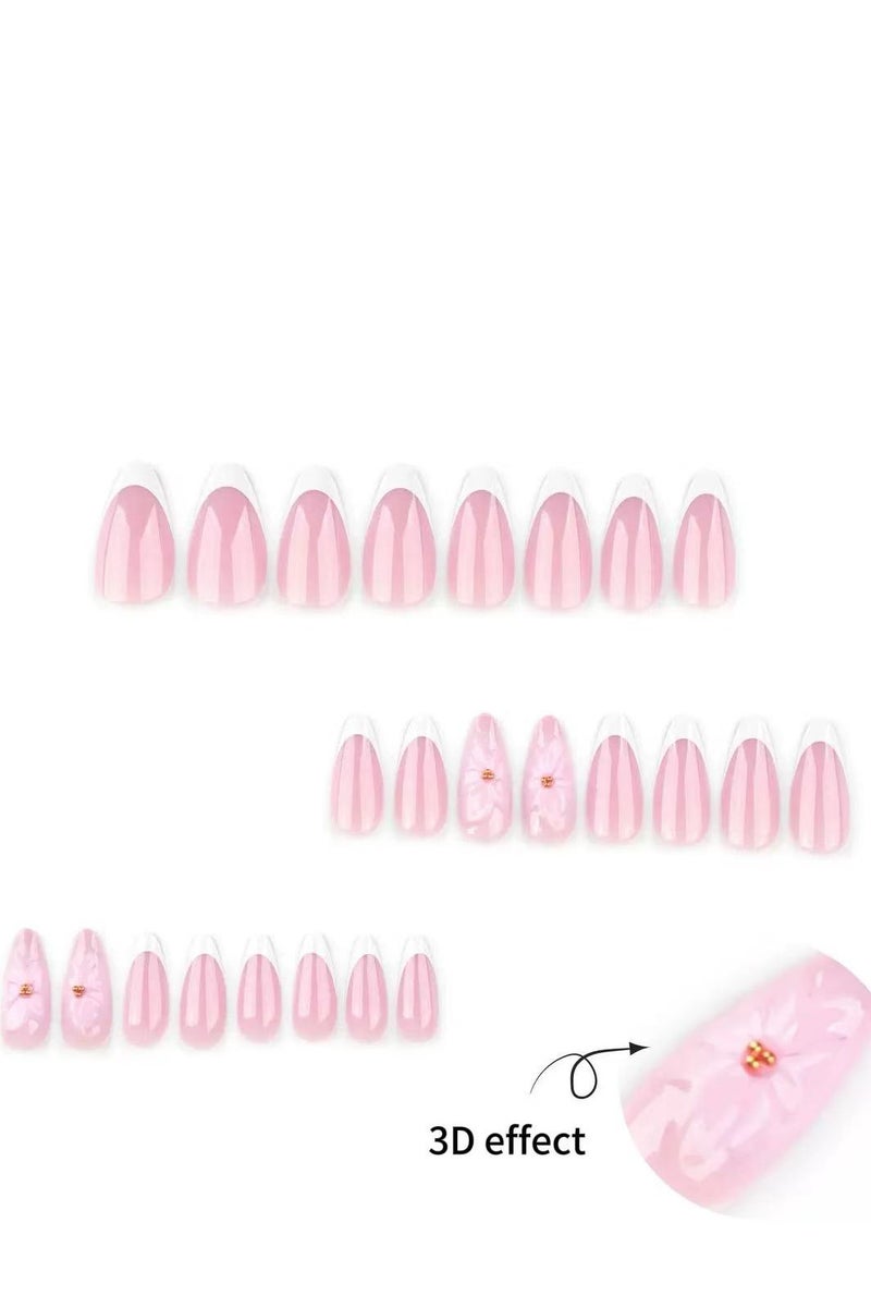 جوسكوين أظافر بالضغط (24 قطعة)، تصميم على شكل لوزي قصير، أظافر قابلة لإعادة الاستخدام، أظافر صناعية بفن الأظافر الزهرية ثلاثية الأبعاد، فرنسي أبيض، منقوش ثلاثي الأبعاد، أظافر أكريليك مع طقم غراء. - Image 3