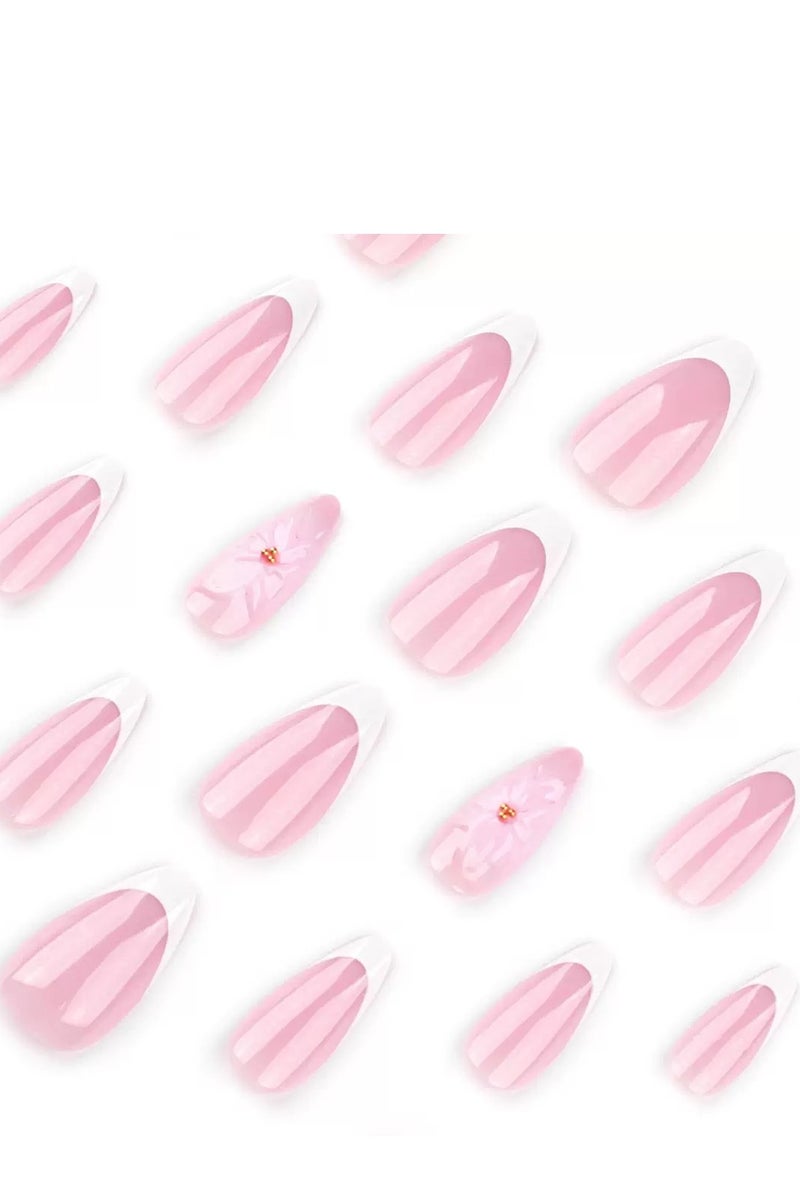 جوسكوين أظافر بالضغط (24 قطعة)، تصميم على شكل لوزي قصير، أظافر قابلة لإعادة الاستخدام، أظافر صناعية بفن الأظافر الزهرية ثلاثية الأبعاد، فرنسي أبيض، منقوش ثلاثي الأبعاد، أظافر أكريليك مع طقم غراء. - Image 5