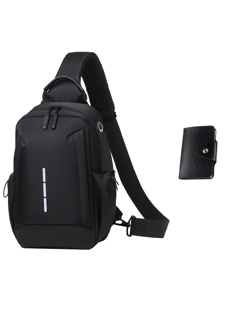 Generic 2 Piece Bag Set of Sling Bag and Card Holder，Men Casual One Shoulder Bag Backpack PU Multi-slot Bank Card Holder and Waterproof Crossbody Bag，Black  - Image 1