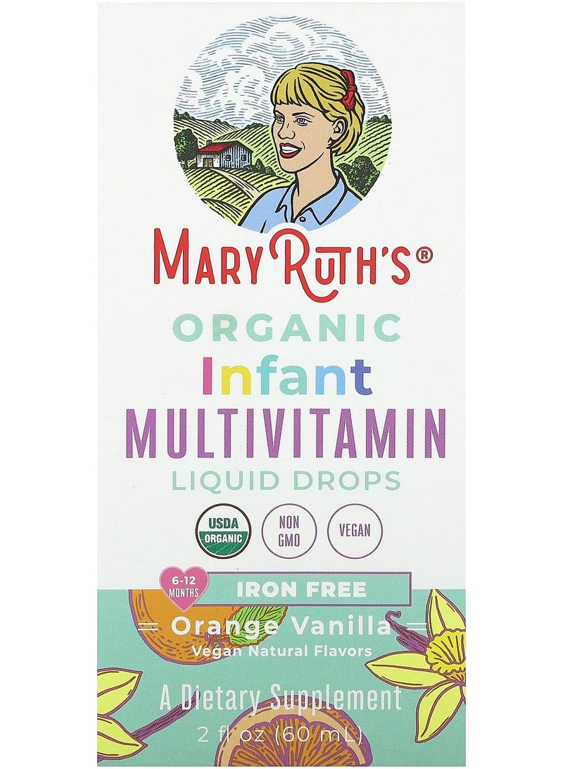 Organic Infant Multivitamin Liquid Drops, Iron Free, 6-12 Months, Orange Vanilla, 2 fl oz (60 ml)