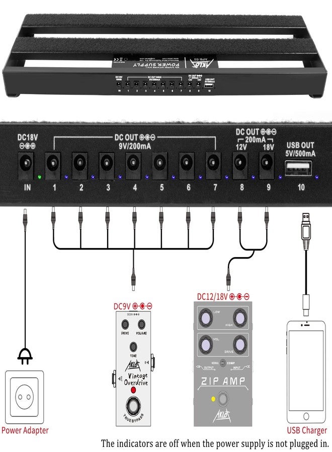 AKLOT Guitar Pedal Board with Built-in Power Supply Guitars Effect Pedalboard Aluminium Alloy Power Supply 19" x 5" with Bag, Pedal Cable, Velcro - Image 3
