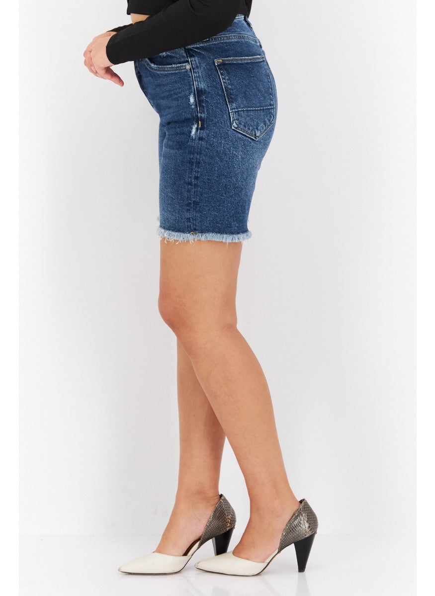 Earnest Sewn Women Regular Fit Washed Denim Shorts, Blue  - Image 3