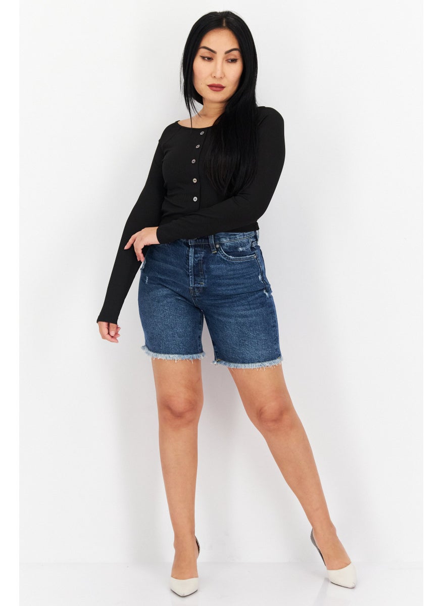 Earnest Sewn Women Regular Fit Washed Denim Shorts, Blue  - Image 4
