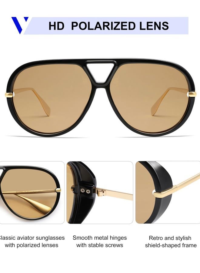 VANLINKER Trendy Polarized Aviator Sunglasses for Women Men Retro Oversized Round Sunglasses Vintage Shield Shades VL9798, C5-black/Brown, Medium - Image 4