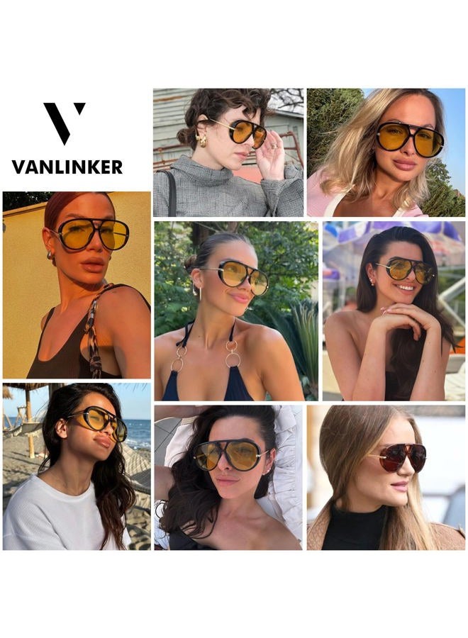 VANLINKER Trendy Polarized Aviator Sunglasses for Women Men Retro Oversized Round Sunglasses Vintage Shield Shades VL9798, C5-black/Brown, Medium - Image 2