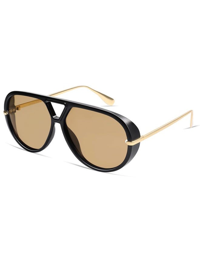 VANLINKER Trendy Polarized Aviator Sunglasses for Women Men Retro Oversized Round Sunglasses Vintage Shield Shades VL9798, C5-black/Brown, Medium - Image 3