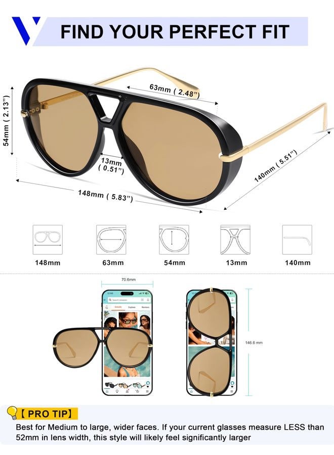 VANLINKER Trendy Polarized Aviator Sunglasses for Women Men Retro Oversized Round Sunglasses Vintage Shield Shades VL9798, C5-black/Brown, Medium - Image 5
