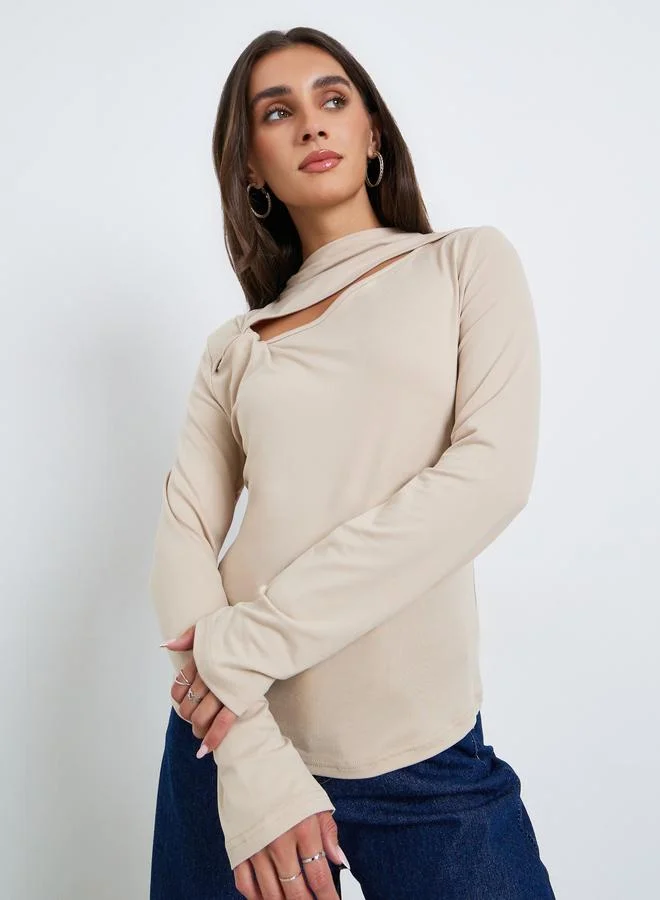 Styli Women Beige Long Sleeve Cutout Top