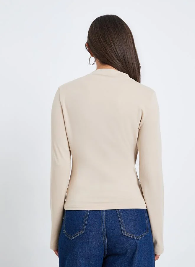 Styli Women Beige Long Sleeve Cutout Top