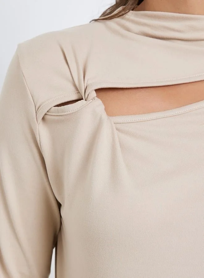 Styli Women Beige Long Sleeve Cutout Top