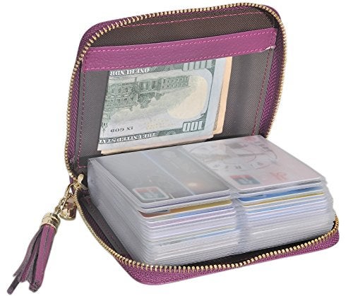 Easyoulife Womens Credit Card Holder Wallet Zip Leather Card Case RFID Blocking (Purple) - Image 1