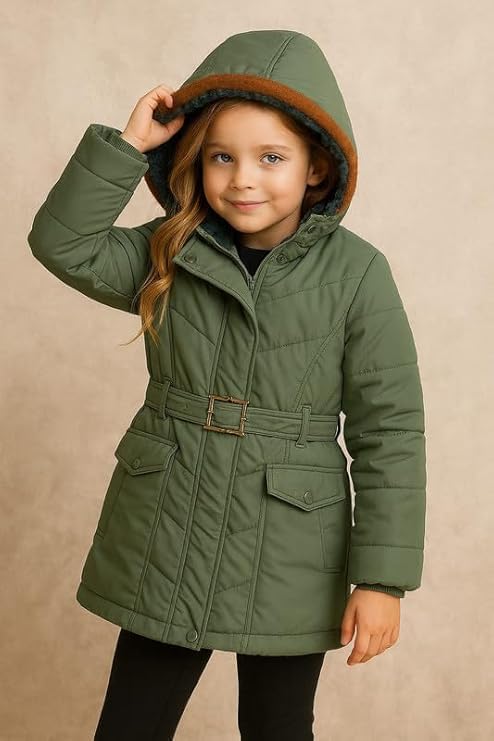 Krystle Girls’ Hooded Winter Jacket – Warm Quilted Puffer Coat with Belt, Water-Resistant Outerwear for Cold Weather (Green,2-3 Years) (Cool Dezine) - Image 3