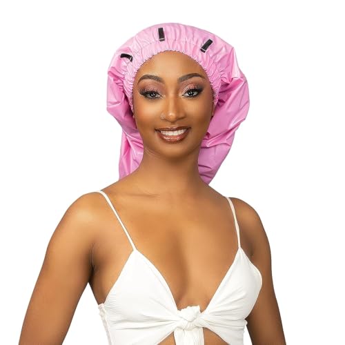 Esha Girl - Shower Cap for Extra Long Hair, Braids, Locs, Twists – Waterproof – Snug Fit Guarantees No Leaks – Easy Button Up (Pink, Long (22.3" x 9")) - Image 2