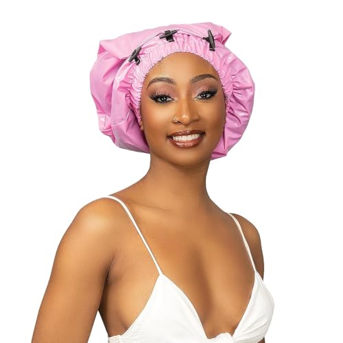 Esha Girl - Shower Cap for Extra Long Hair, Braids, Locs, Twists – Waterproof – Snug Fit Guarantees No Leaks – Easy Button Up (Pink, Long (22.3" x 9")) - Image 1