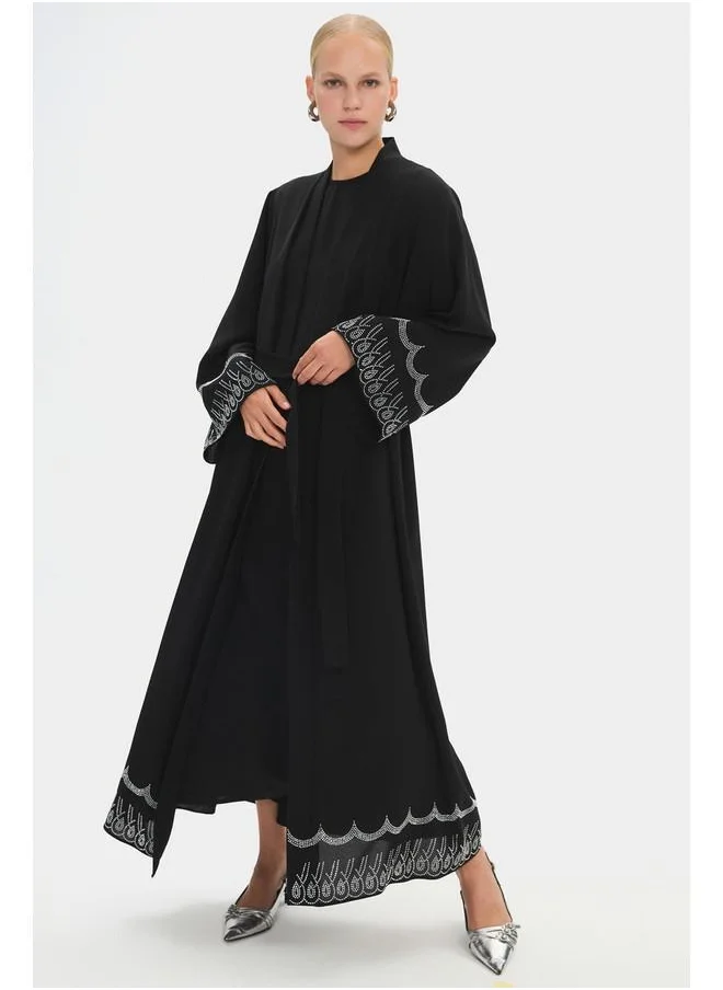 جون June Women Stone Embroidered Waist Tie Detailed Abaya Black