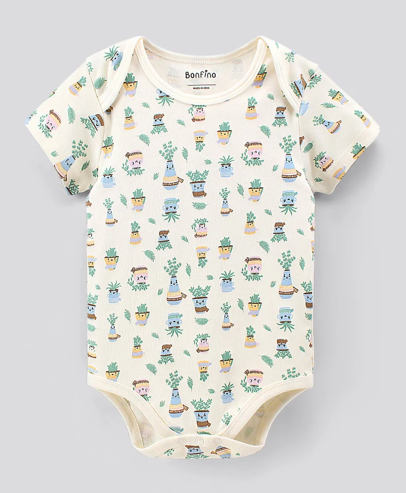 Bonfino Bonfino Half Sleeves Cotton Onesies Plant Print Pack of 3 - Ivory Blue