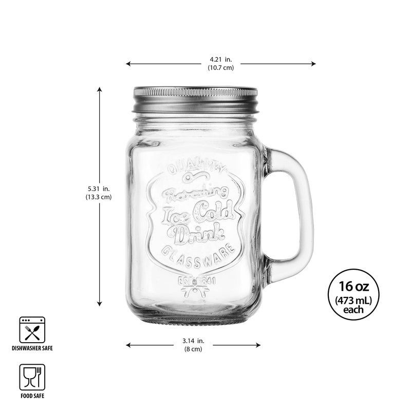 Glaver's Mason Drinking Jars â€“ Set of 4, 15.25 Oz Clear Glass Jar with Handle and Lid. â€“ Ice-Cold Drink Glassware Logo â€“ Glass Mugs Ideal for Cold Beverages, Juice, Smoothie, Cocktails. - Image 3