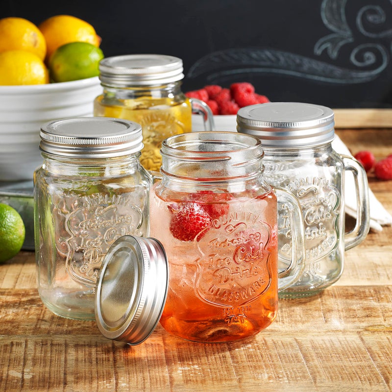 Glaver's Mason Drinking Jars â€“ Set of 4, 15.25 Oz Clear Glass Jar with Handle and Lid. â€“ Ice-Cold Drink Glassware Logo â€“ Glass Mugs Ideal for Cold Beverages, Juice, Smoothie, Cocktails. - Image 2