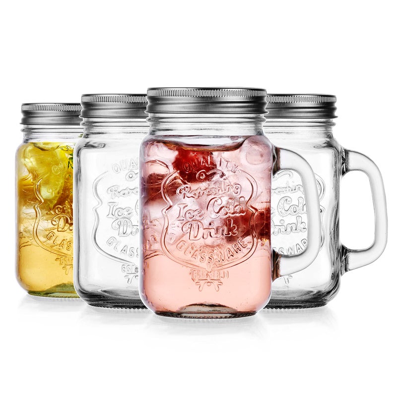 Glaver's Mason Drinking Jars â€“ Set of 4, 15.25 Oz Clear Glass Jar with Handle and Lid. â€“ Ice-Cold Drink Glassware Logo â€“ Glass Mugs Ideal for Cold Beverages, Juice, Smoothie, Cocktails. - Image 4