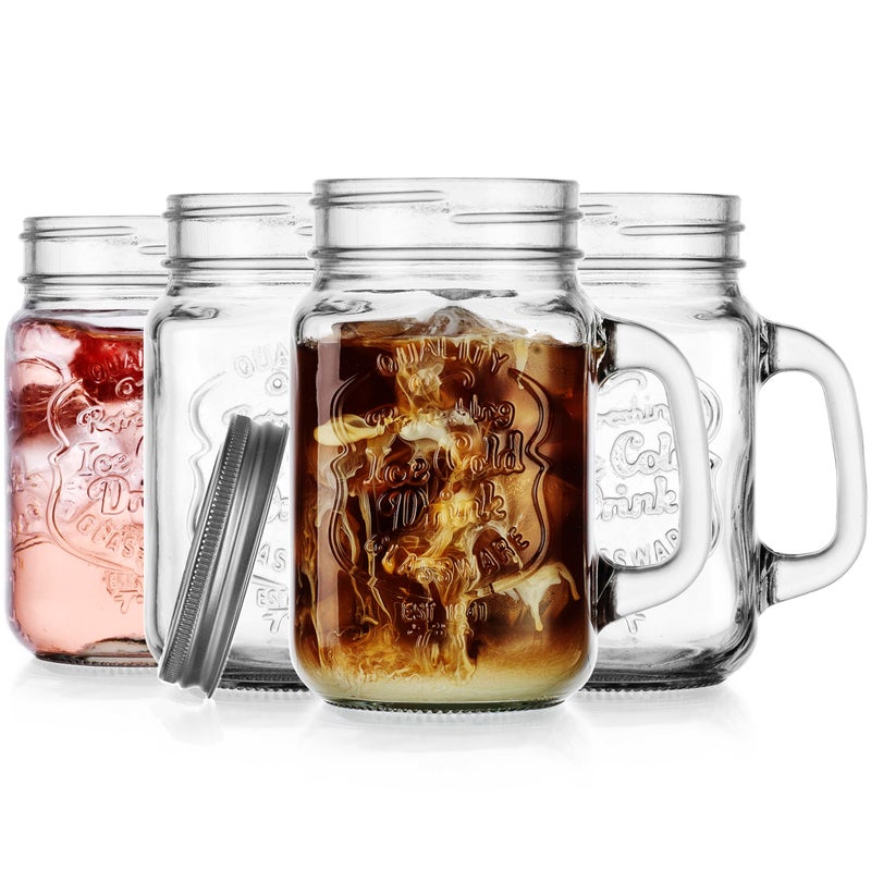 Glaver's Mason Drinking Jars â€“ Set of 4, 15.25 Oz Clear Glass Jar with Handle and Lid. â€“ Ice-Cold Drink Glassware Logo â€“ Glass Mugs Ideal for Cold Beverages, Juice, Smoothie, Cocktails. - Image 1
