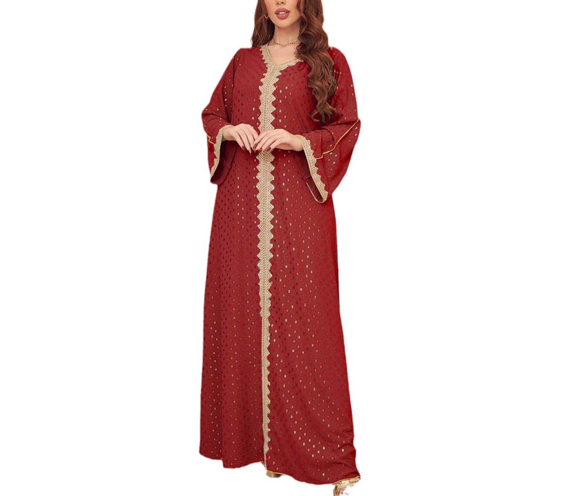 FPOVFPO Womens Muslim Abaya Dress One-Piece V Neck Bronzing Dress Islamic Full Length Kaftan Daily Casual Dress Red - Image 3