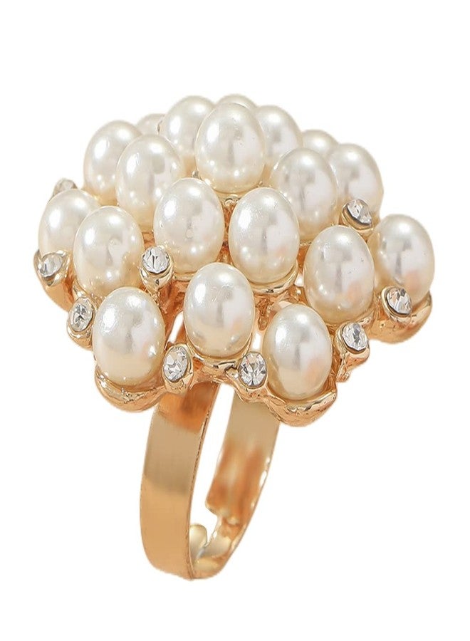 Dtja Large CZ Pearl Statement Wedding Ring for Women Girls Vintage Crystal Faux Pearls Ball Flower Adjustable Big Open Band Wrap Ring Birthday Cocktail Party Ring Comfort Fit Exaggerated Jewelry Gift - Image 1