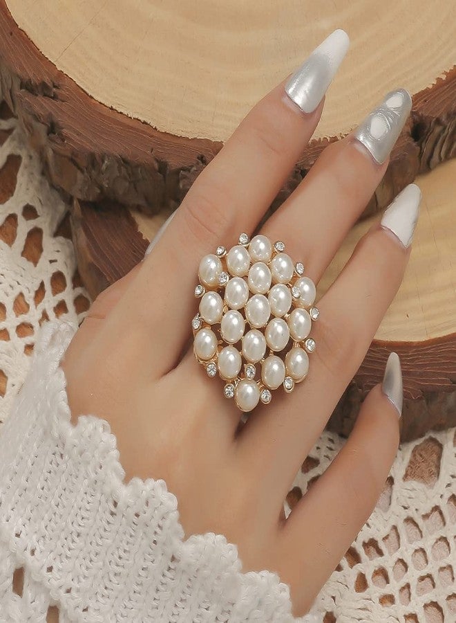 Dtja Large CZ Pearl Statement Wedding Ring for Women Girls Vintage Crystal Faux Pearls Ball Flower Adjustable Big Open Band Wrap Ring Birthday Cocktail Party Ring Comfort Fit Exaggerated Jewelry Gift - Image 2