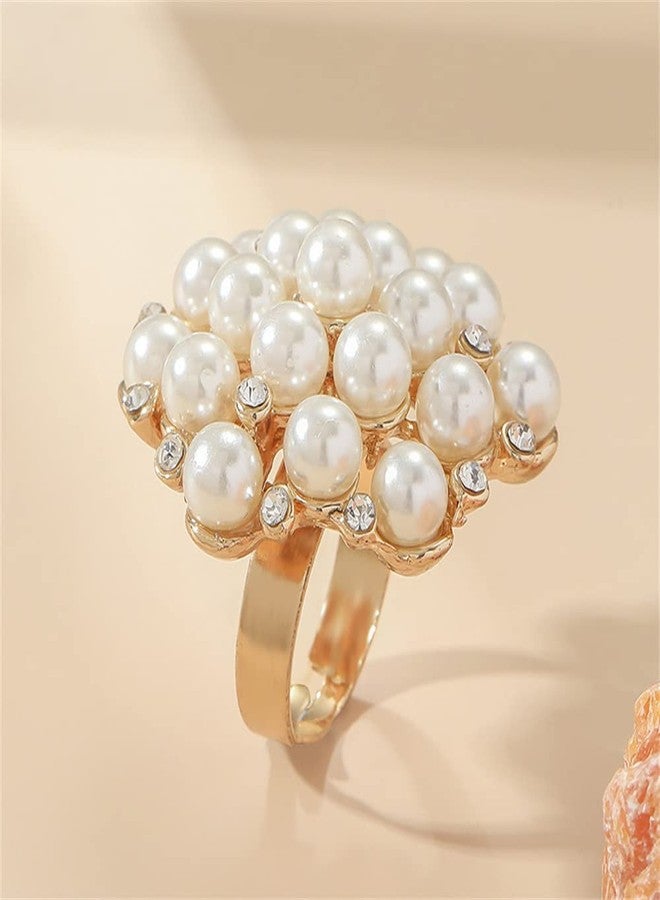 Dtja Large CZ Pearl Statement Wedding Ring for Women Girls Vintage Crystal Faux Pearls Ball Flower Adjustable Big Open Band Wrap Ring Birthday Cocktail Party Ring Comfort Fit Exaggerated Jewelry Gift - Image 4