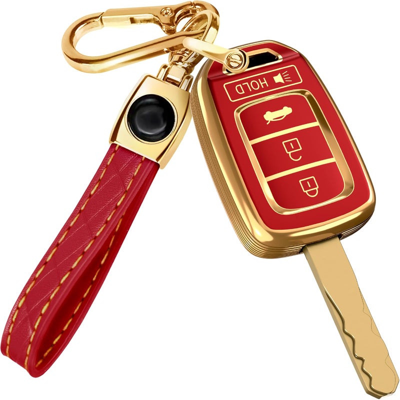 for Honda Civic Key Fob Cover and Leather Keychain TPU Key Case for Honda Accord CRV SE CRV LX HRV 20142022 Keyfob Cover Compatible with MLBHLIK61T Red and Gold