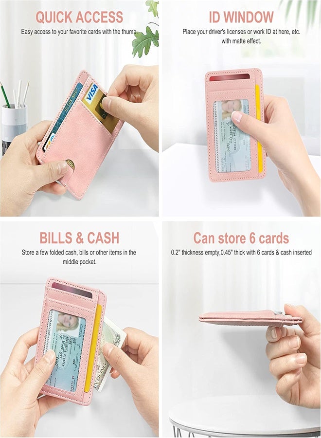 Slim Credit Card Holder for Women, Thin Front Pocket Leather Mini Wallet with RFID Blocking (Pink) - Image 2