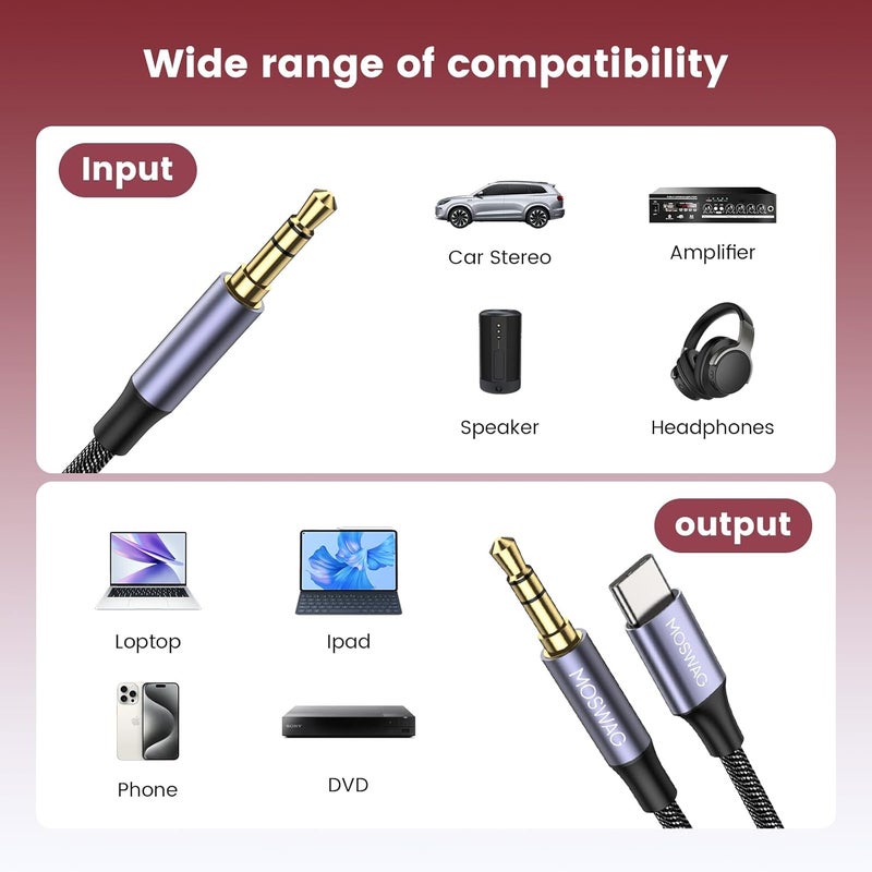 MOSWAG AUX Cable 13.12FT/4M Auxiliary Cable 3.5mm AUX Cord Male to Male Audio Stereo Cord Type C to 3.5mm Headphone Stereo Car Cord Compatible for Headphones,Car,Home Stereos,Speaker,Echo - Image 2