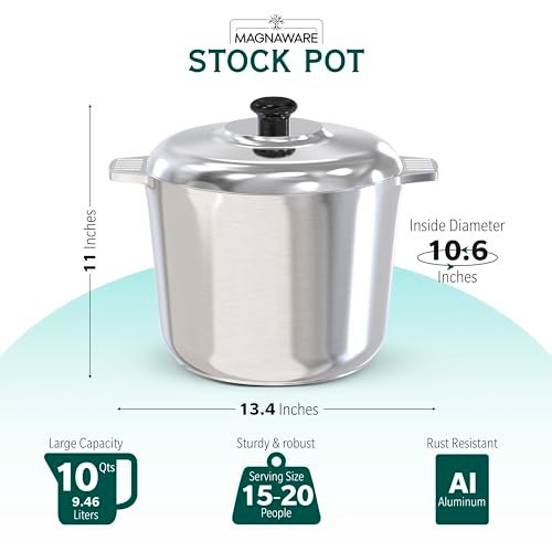 MAGNAWARE 10 Quart Cast Aluminum Stock Pot with Lid - Durable & Lightweight Soup Pot with Even Heat Distribution & Retention - Professional Cookware Stockpot with Silicone Handle Covers - Image 2