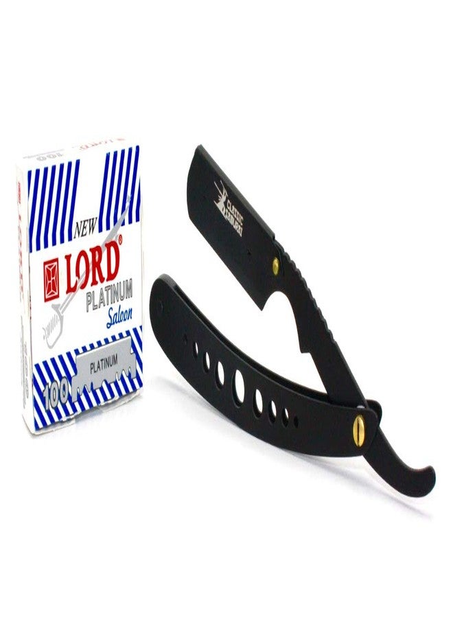 Classic Samurai New Ergonomic Design Stainless Steel Professional Folding Straight Edge Barber Razor Shavette Manual Shaver with 100 Lord Platinum Single Blades - Image 1