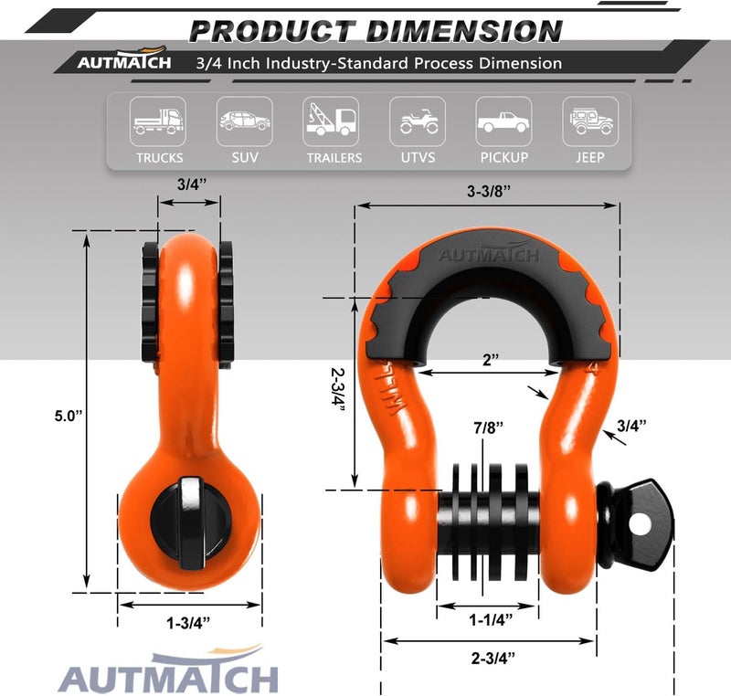 AUTMATCH D Ring Shackle 3/4" Shackles (2 Pack) 41,887Ibs Break Strength with 7/8" Screw Pin and Shackle Isolator Washers Kit for Tow Strap Winch Off Road Vehicle Recovery Orange & Black - Image 3