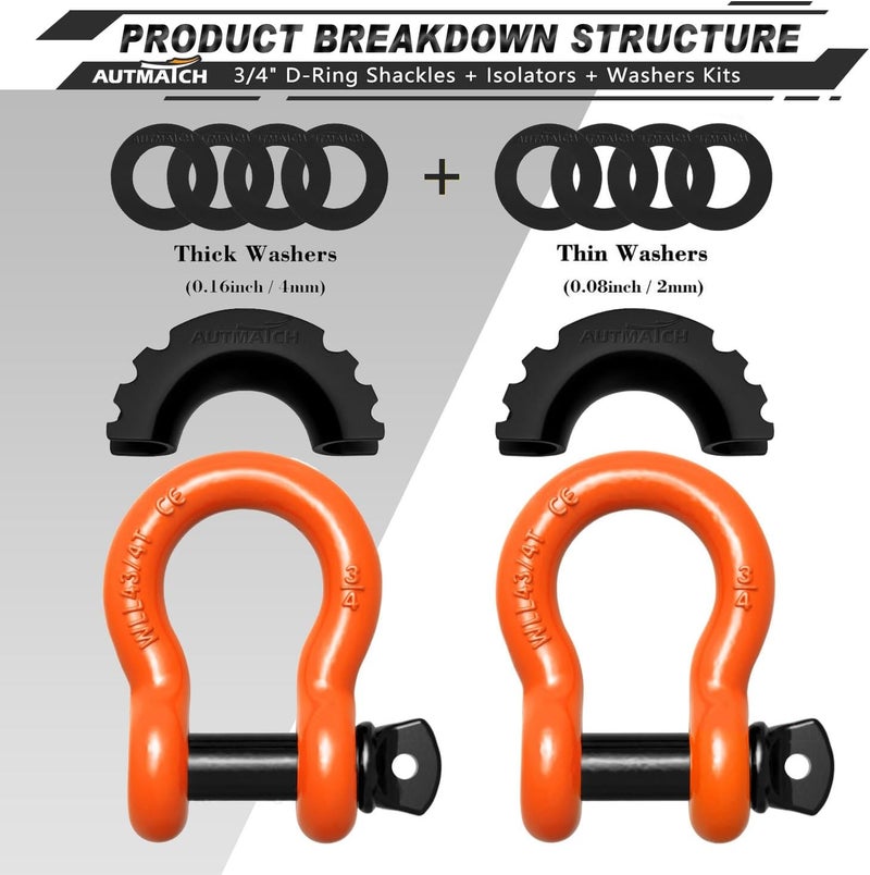 AUTMATCH D Ring Shackle 3/4" Shackles (2 Pack) 41,887Ibs Break Strength with 7/8" Screw Pin and Shackle Isolator Washers Kit for Tow Strap Winch Off Road Vehicle Recovery Orange & Black - Image 2