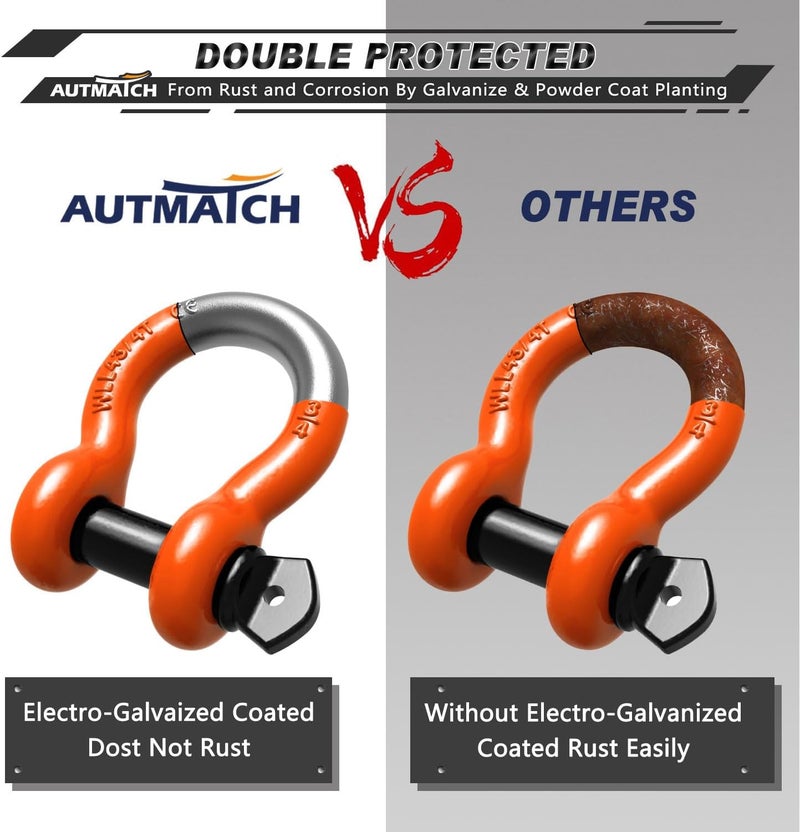 AUTMATCH D Ring Shackle 3/4" Shackles (2 Pack) 41,887Ibs Break Strength with 7/8" Screw Pin and Shackle Isolator Washers Kit for Tow Strap Winch Off Road Vehicle Recovery Orange & Black - Image 5
