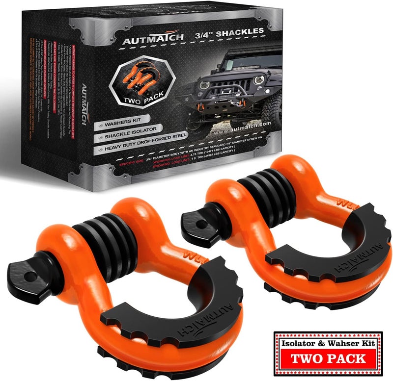 AUTMATCH D Ring Shackle 3/4" Shackles (2 Pack) 41,887Ibs Break Strength with 7/8" Screw Pin and Shackle Isolator Washers Kit for Tow Strap Winch Off Road Vehicle Recovery Orange & Black - Image 1