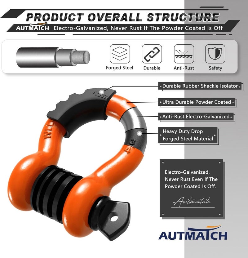 AUTMATCH D Ring Shackle 3/4" Shackles (2 Pack) 41,887Ibs Break Strength with 7/8" Screw Pin and Shackle Isolator Washers Kit for Tow Strap Winch Off Road Vehicle Recovery Orange & Black - Image 4