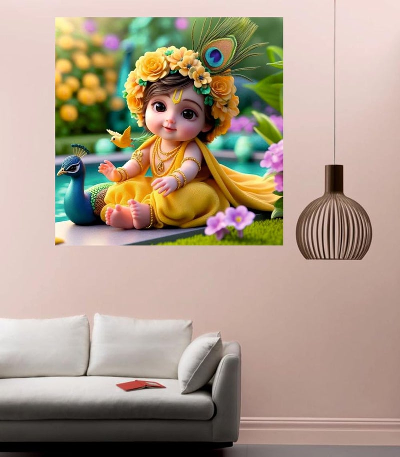 Techgifti Little Cute Baby Yellow Peacock Krishna Wall Poster For Living Room, Kids Room, Office (Size - 41CM X 41CM) - Image 3