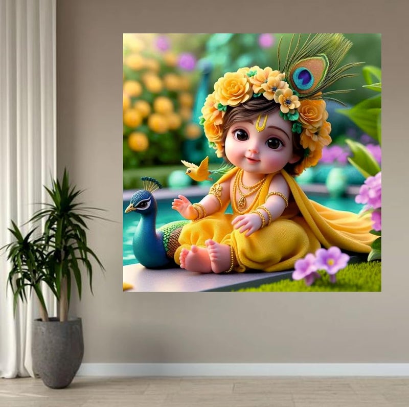 Techgifti Little Cute Baby Yellow Peacock Krishna Wall Poster For Living Room, Kids Room, Office (Size - 41CM X 41CM) - Image 2