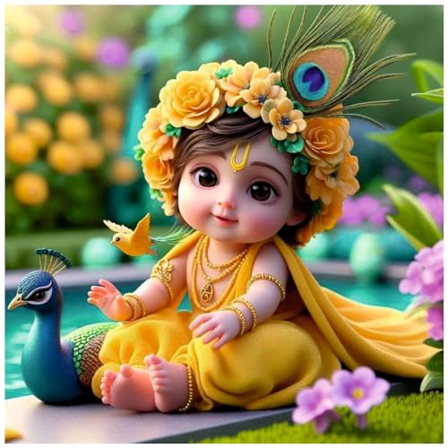 Techgifti Little Cute Baby Yellow Peacock Krishna Wall Poster For Living Room, Kids Room, Office (Size - 41CM X 41CM) - Image 1