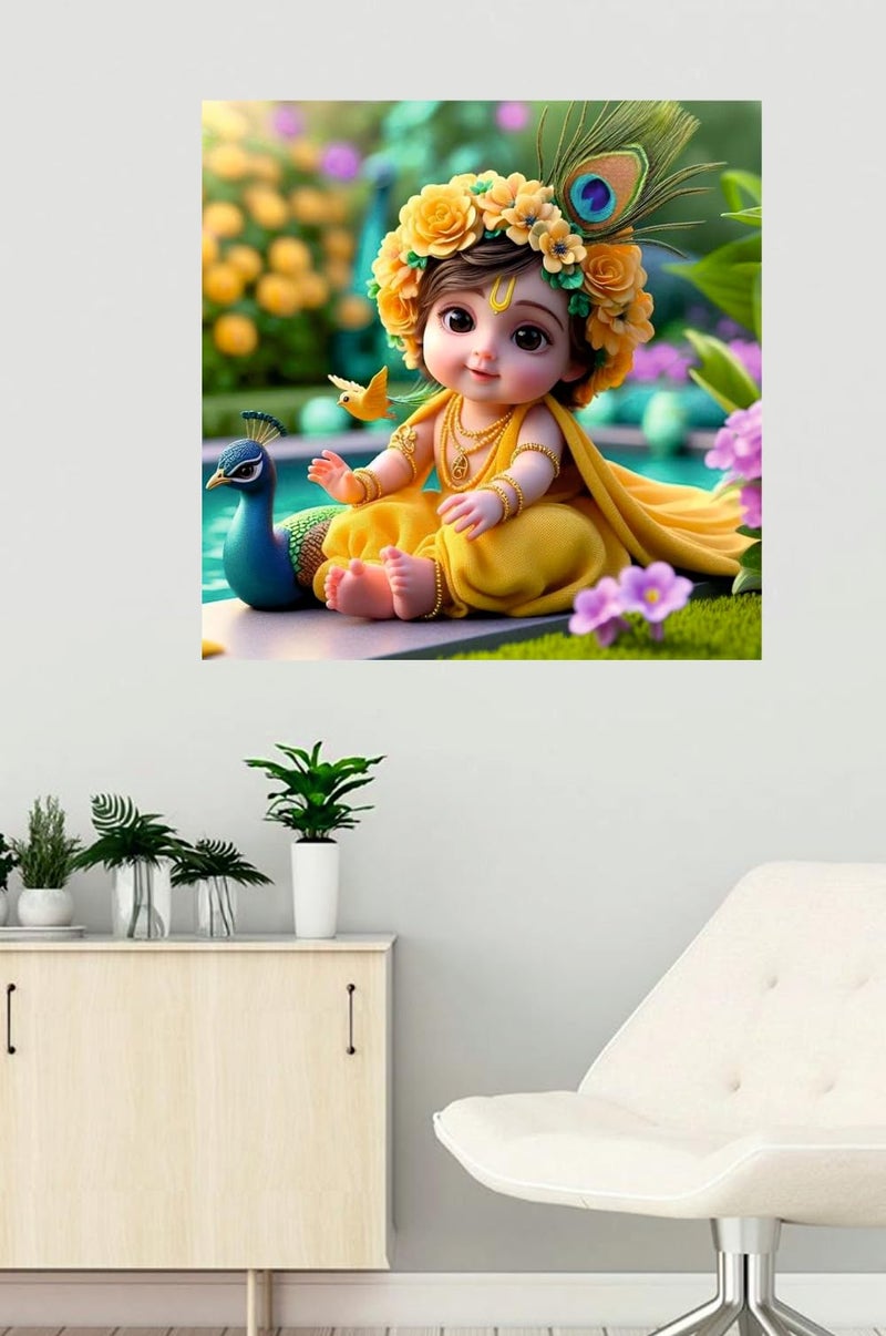 Techgifti Little Cute Baby Yellow Peacock Krishna Wall Poster For Living Room, Kids Room, Office (Size - 41CM X 41CM) - Image 4