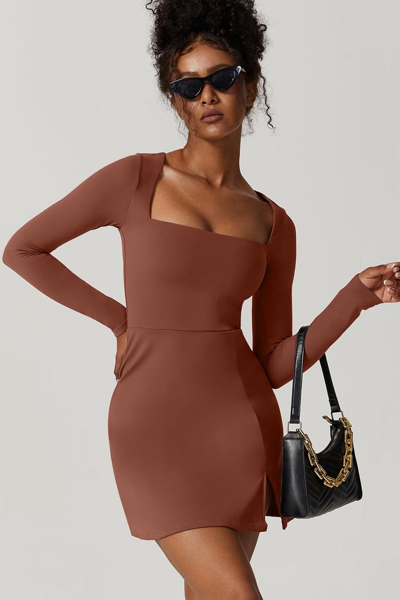 QINSEN Womens Carob Brown Mini Dress High Waist Bodycon Party Club Outift Dresses M - Image 5