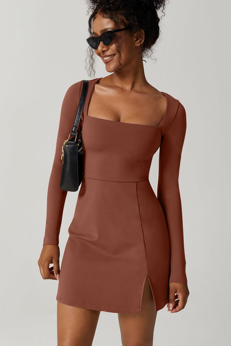 QINSEN Womens Carob Brown Mini Dress High Waist Bodycon Party Club Outift Dresses M - Image 3