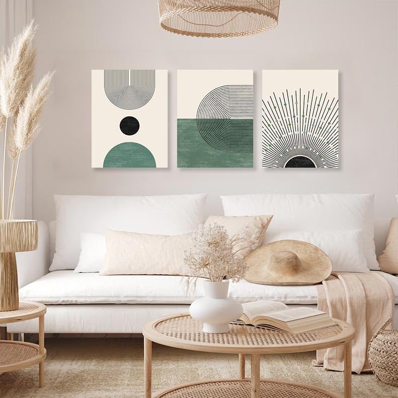 KBKBART Sage Green Boho Wall Art, Abstract Framed Canvas Wall Art for Living Room, Minimalist Beige Green Sun Geometry Black Line Artwork Paintings, Modern Sage Green Boho Room Decor, Green Wall Decor - Image 2
