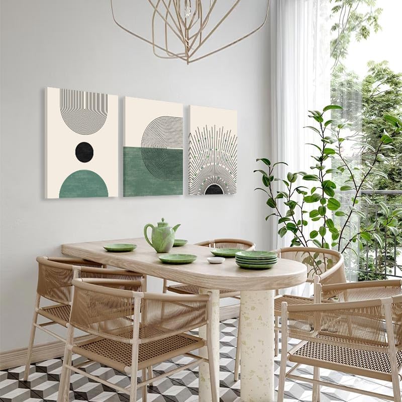 KBKBART Sage Green Boho Wall Art, Abstract Framed Canvas Wall Art for Living Room, Minimalist Beige Green Sun Geometry Black Line Artwork Paintings, Modern Sage Green Boho Room Decor, Green Wall Decor - Image 3