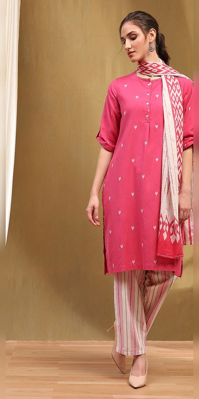 Biba  Women Pink Cotton Yard Dyed Straight Suit Set  | Best Price UAE