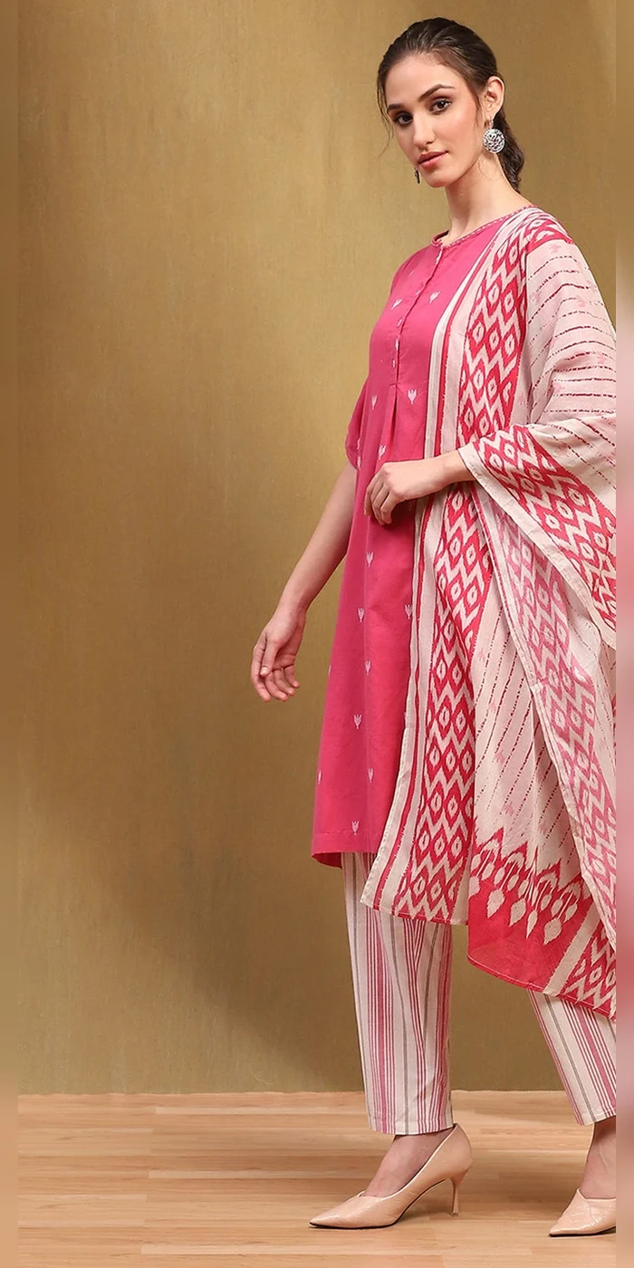 Biba  Women Pink Cotton Yard Dyed Straight Suit Set  | Best Price UAE